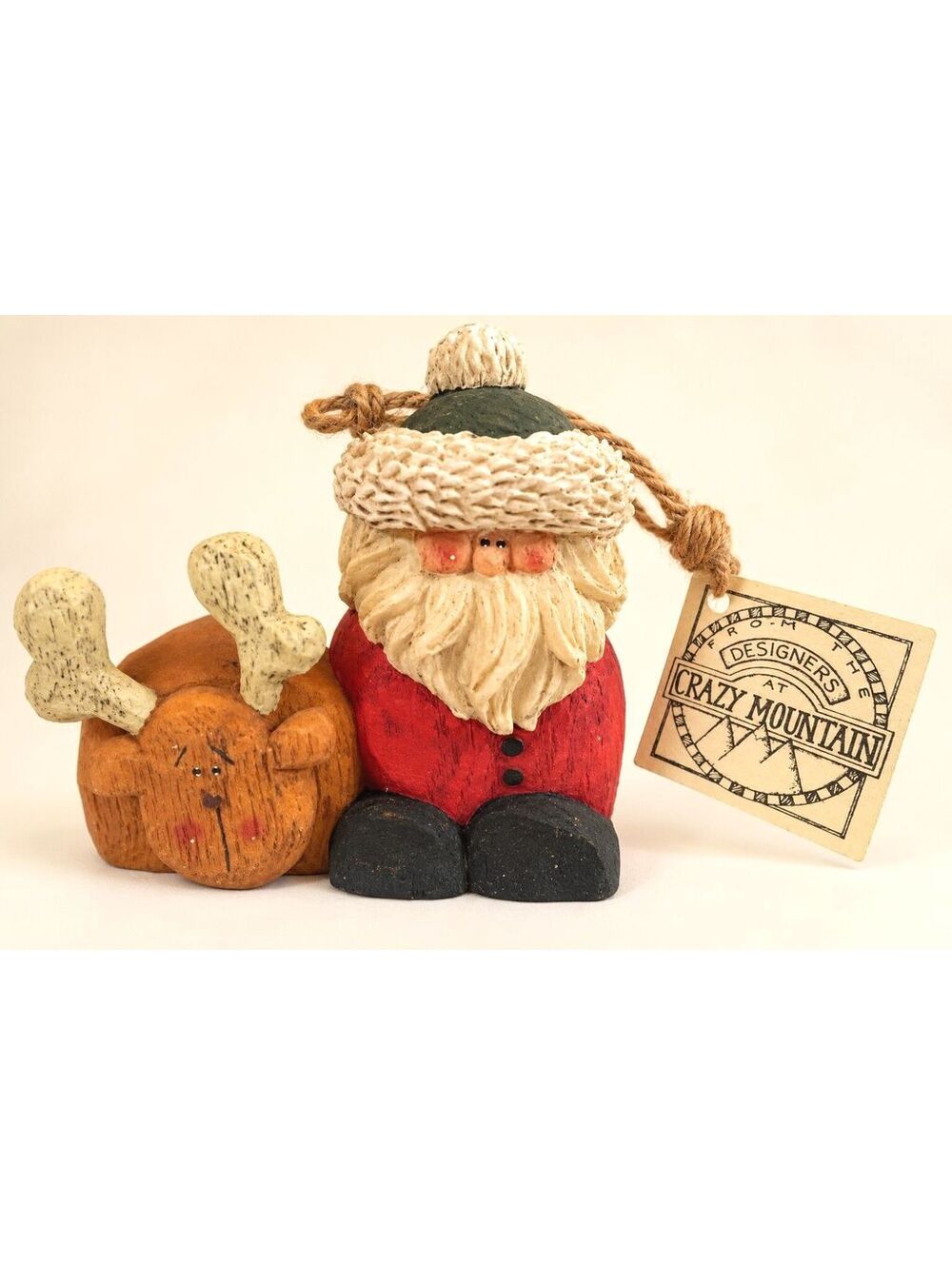 Crazy Mountain Santa Reindeer Christmas Ornament Rustic Folk Art Holiday Decor
